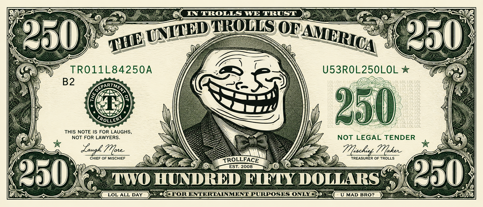 Troll $250 Bill novelty currency design